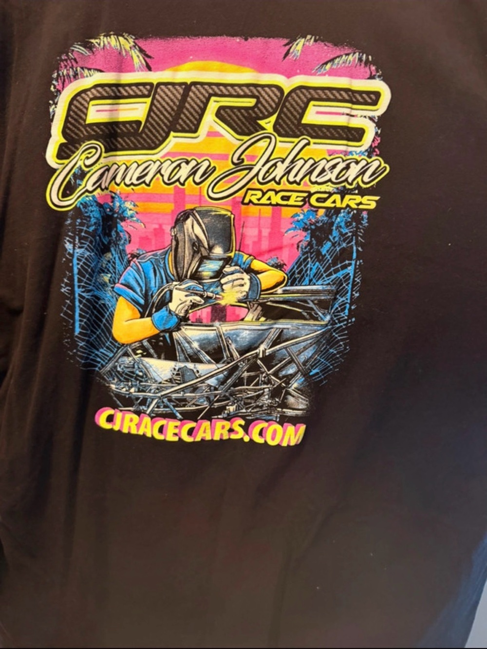 Cameron Johnson Race Cars Short Sleeve Graphic Tee in Black with Neon Accents